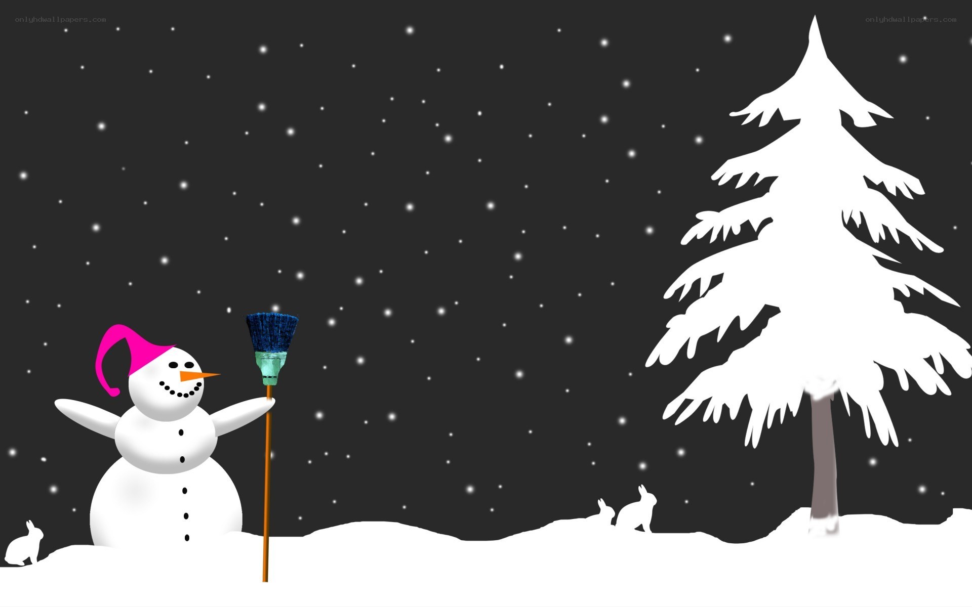 snowman with broom at night