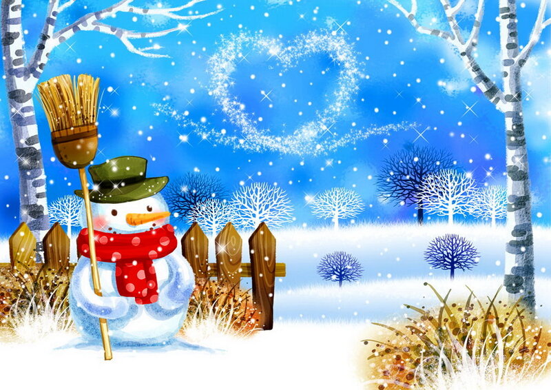 Snowman with Broom — Blue, Festive, Winter