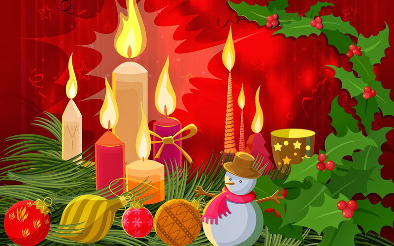 Snowman with Candles — Red, Festive, Winter, Digital Art