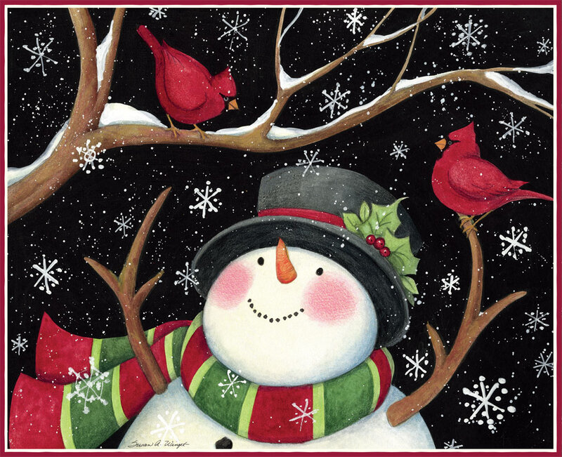 Snowman with Cardinal Birds — Red