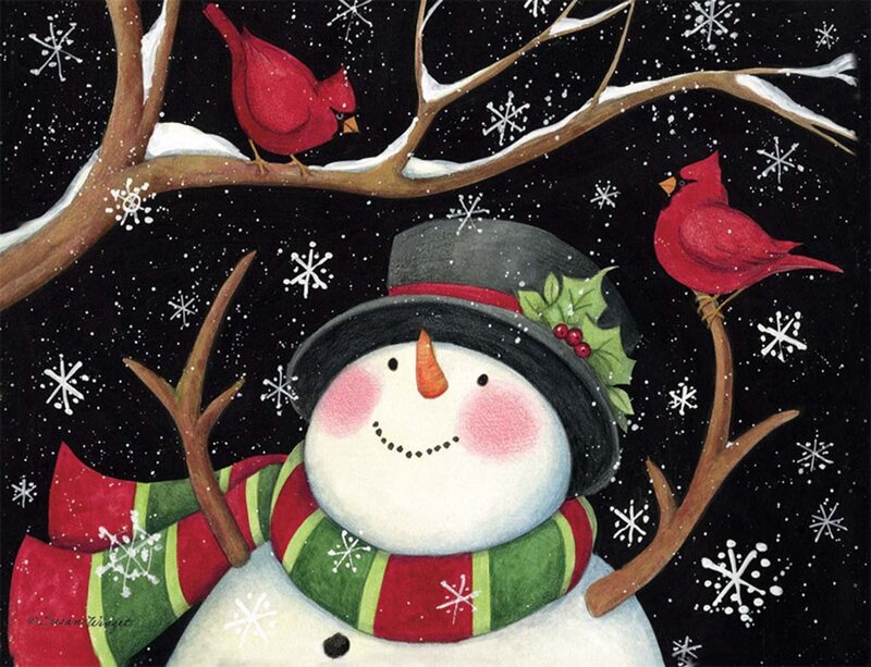 Snowman with Cardinal Birds
