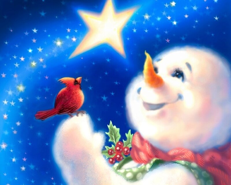 Snowman with Cardinal — Blue