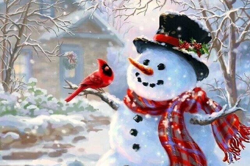 Snowman with Cardinal — White, Festive