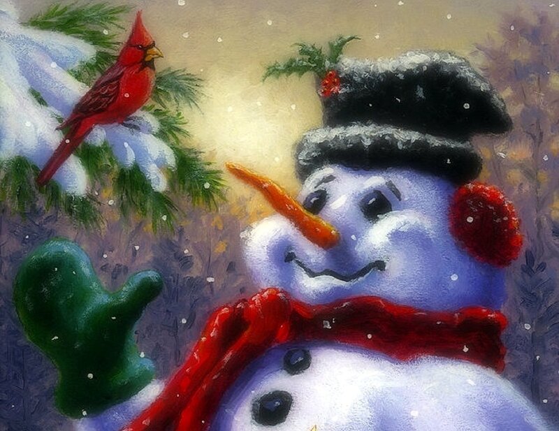 Snowman with Cardinal — White, Festive, Winter