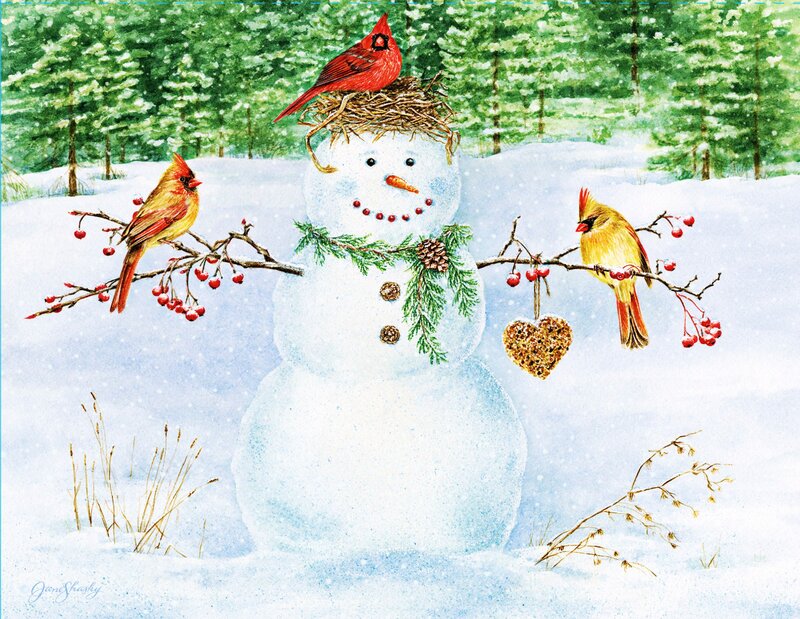 Snowman with Cardinals