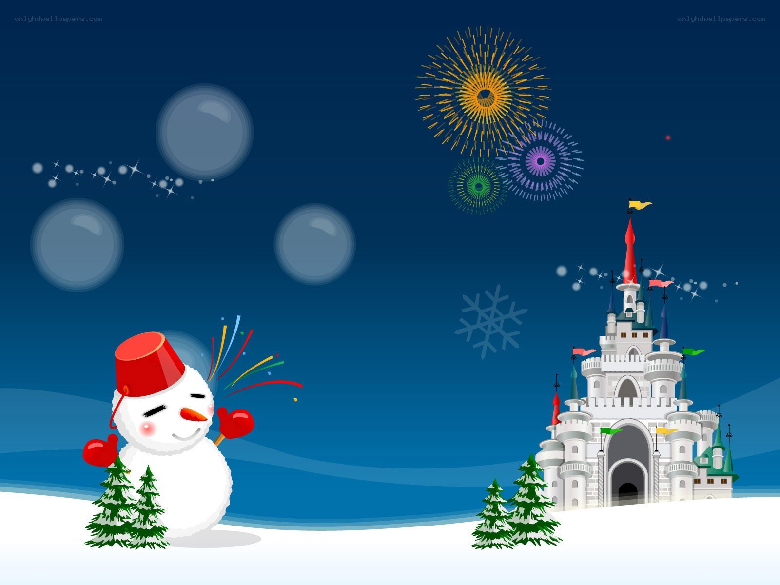 Snowman with castle and fireworks