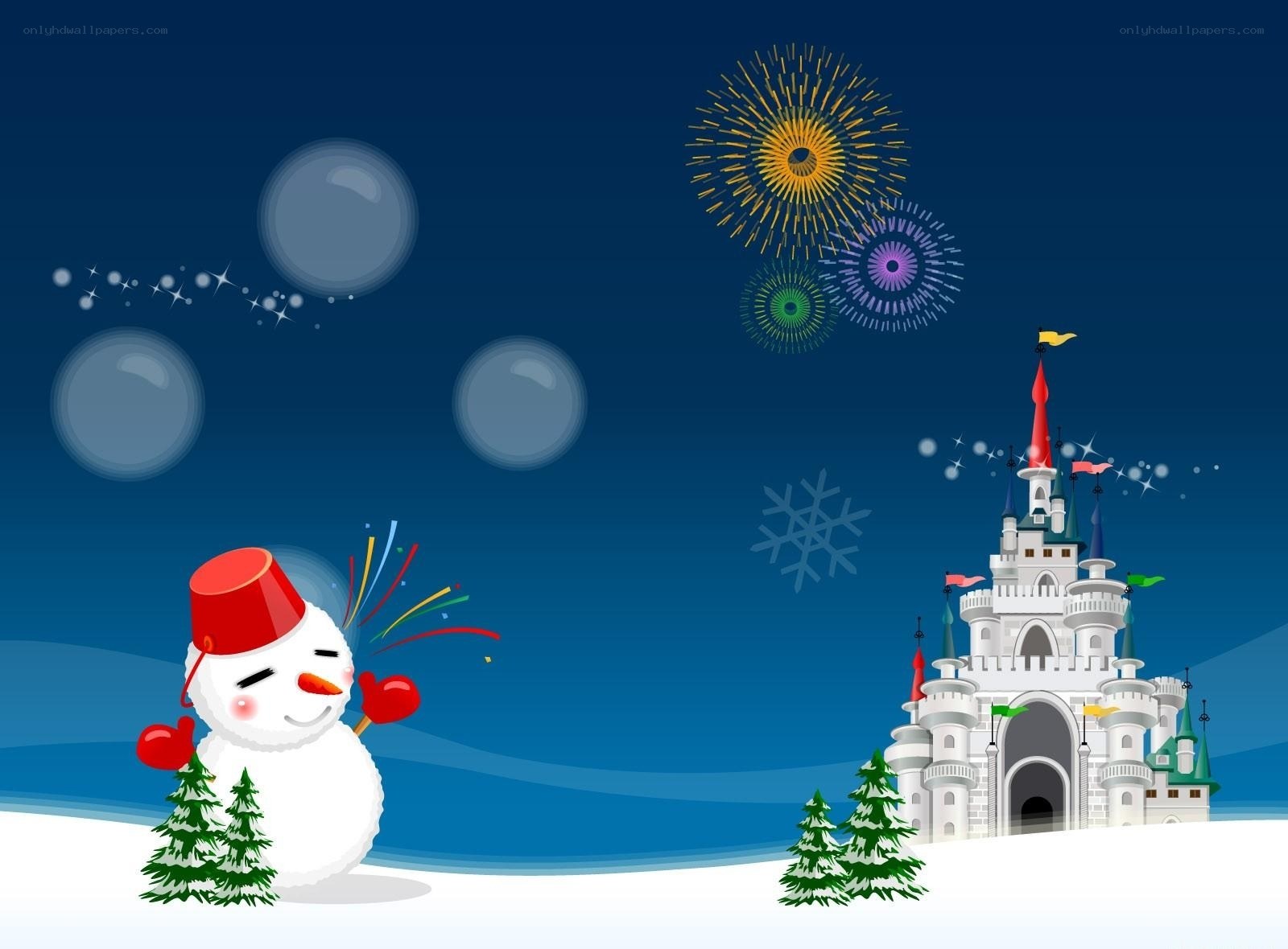 Snowman with castle and fireworks
