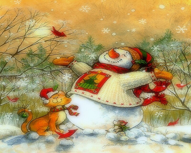 Snowman with Cat — White