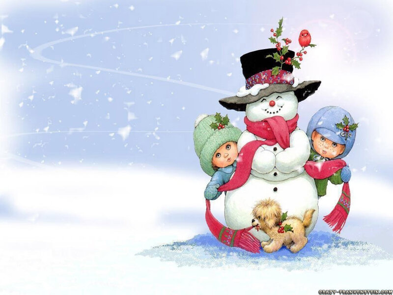 Snowman with children and dog