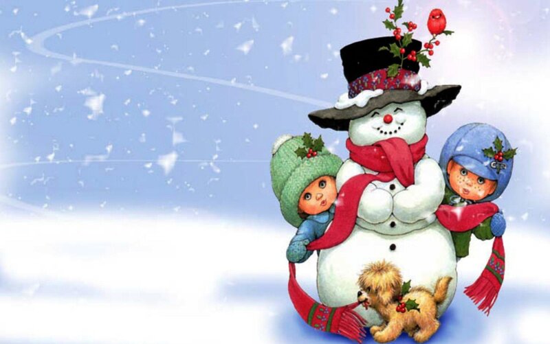 Snowman with Children — White, Festive