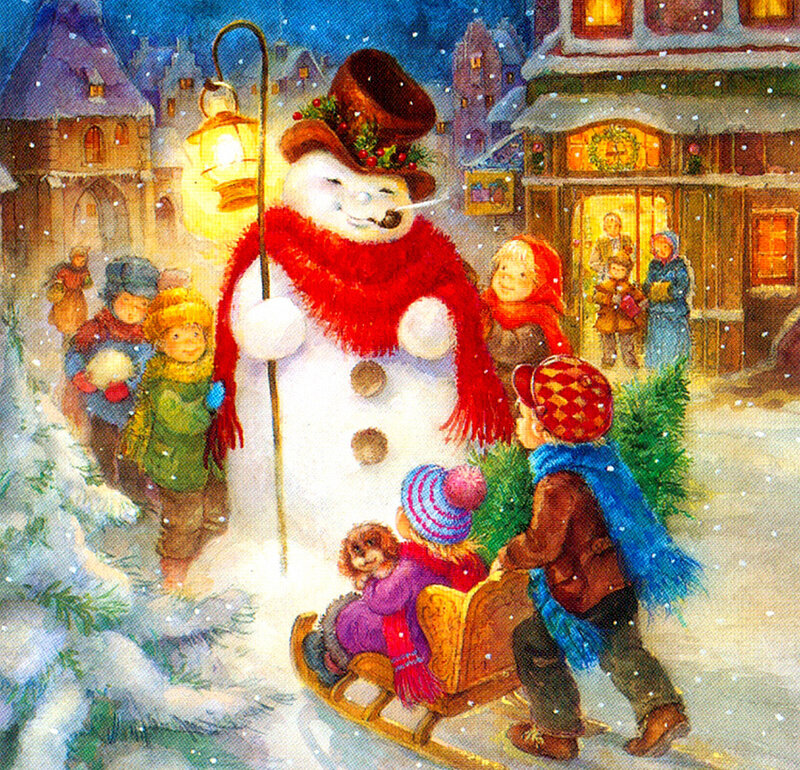 Snowman with Children — White, Festive, Winter, Illustration, Sled