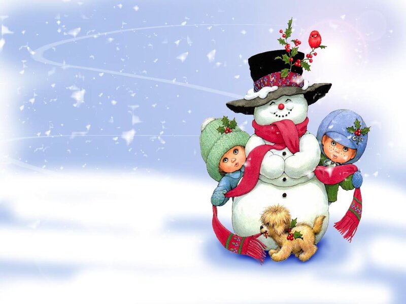 Snowman with Children — White, Festive, Winter, Illustration
