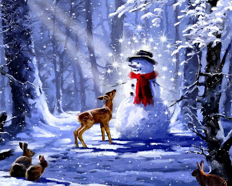 Snowman with Deer — Blue, Serene