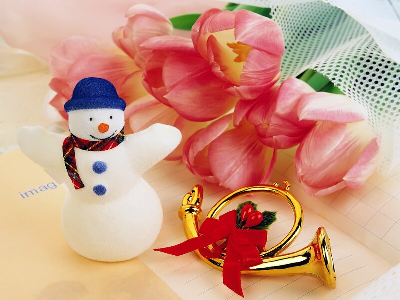 Snowman with flowers and trumpet