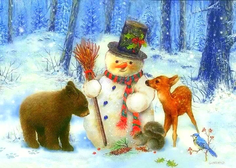 Snowman with Forest Animals — White