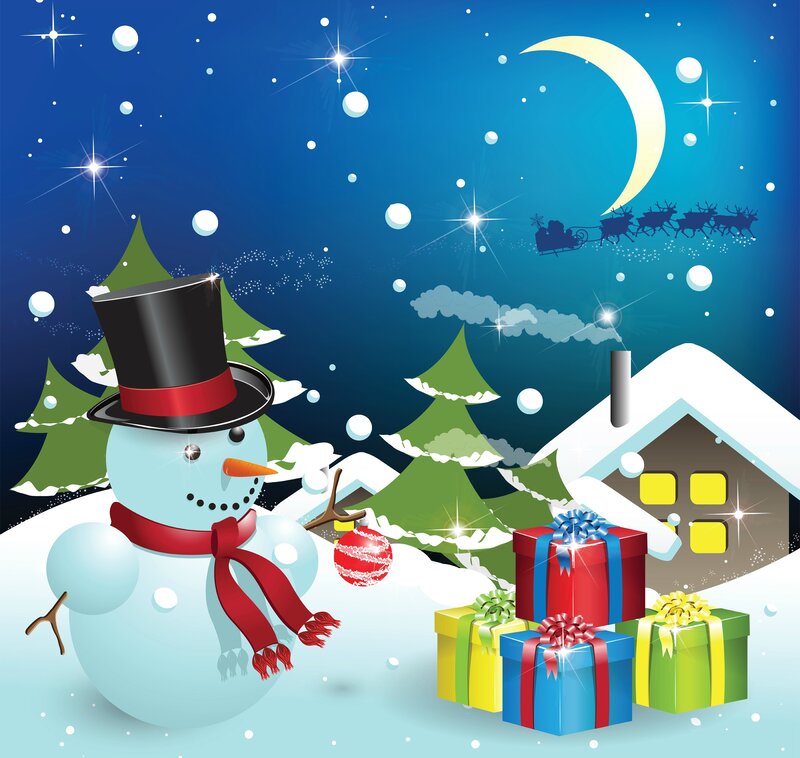 Snowman with Gifts — Blue, Festive, Night, Illustration, Reindeer