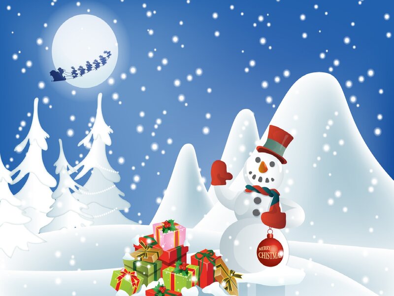 Snowman with Gifts — Blue, Festive, Night, Illustration