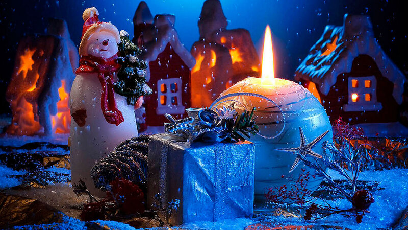 Snowman with Gifts — Blue, Festive, Night, Photograph, Candle