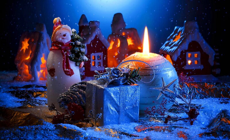 Snowman with Gifts — Blue, Festive, Night