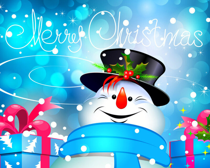 Snowman with Gifts — Blue, Festive, Winter, Digital Art