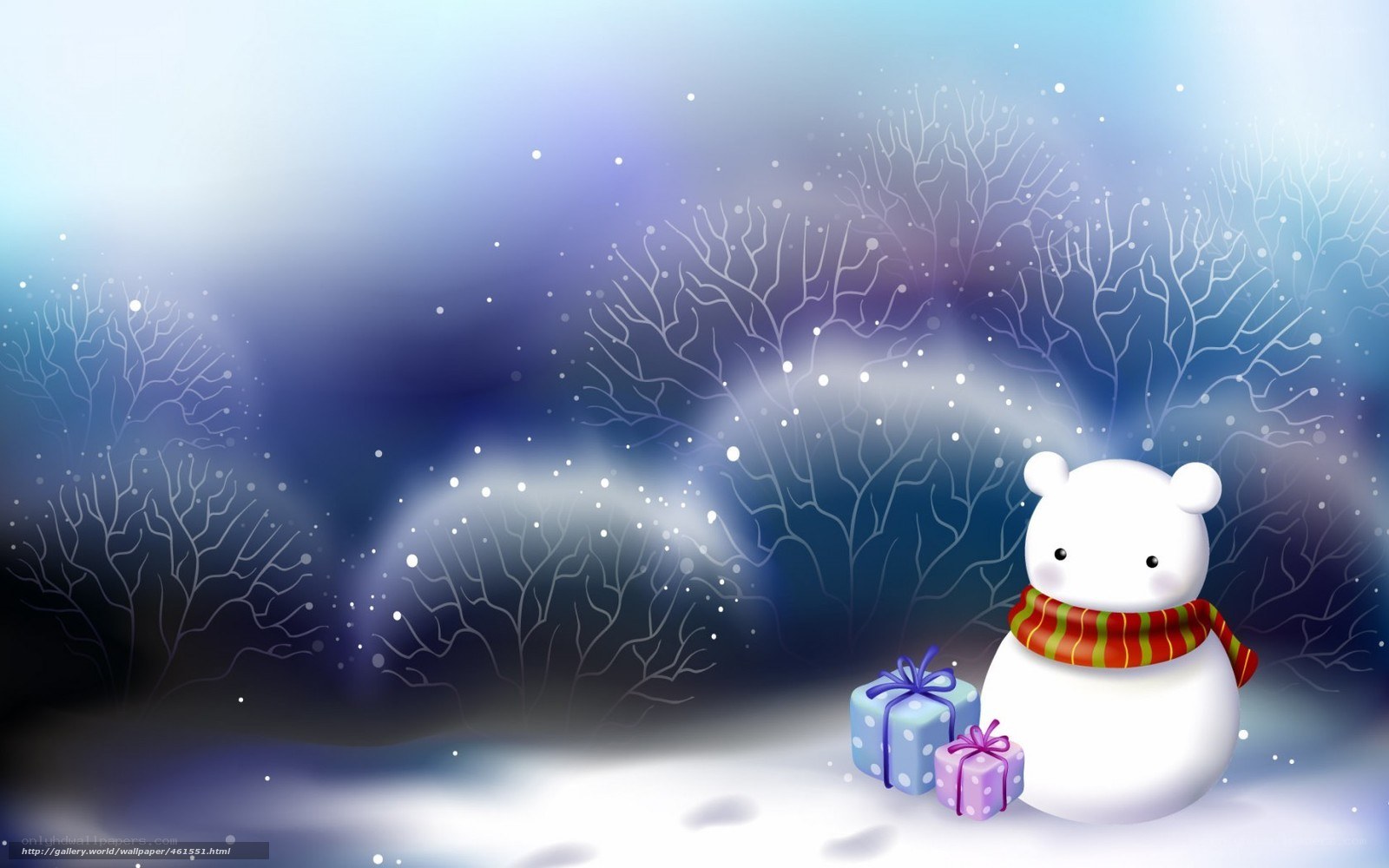 snowman with gifts in winter
