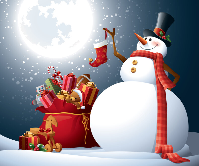 Snowman with Gifts — White, Festive, Night, Illustration