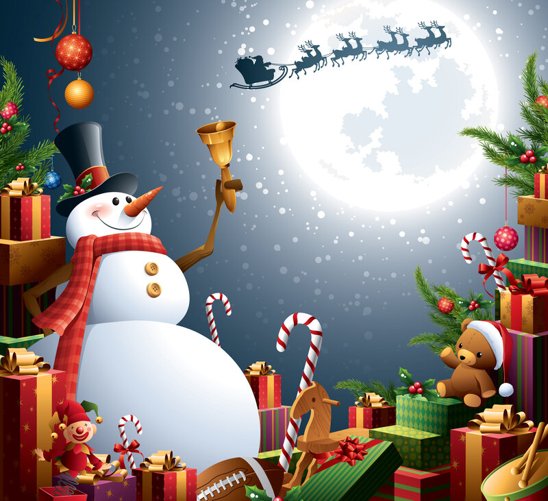 Snowman with Gifts — White, Festive, Night
