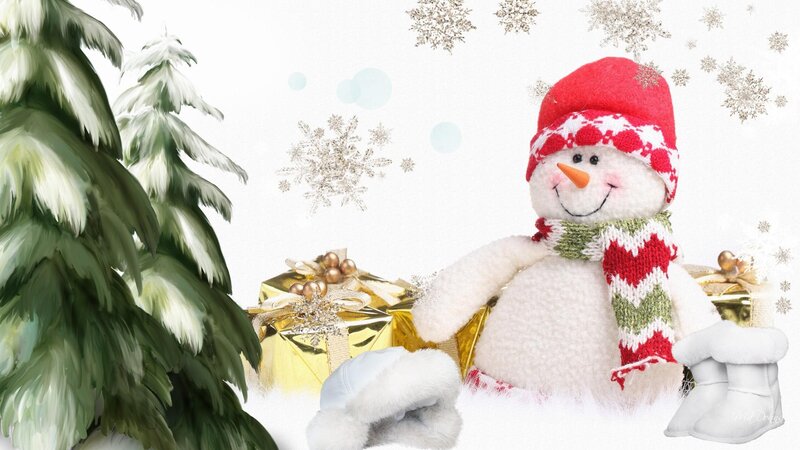 Snowman with Gifts — White, Festive, Winter, Digital Art