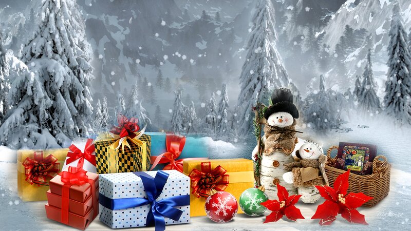Snowman with Gifts — White, Festive, Winter