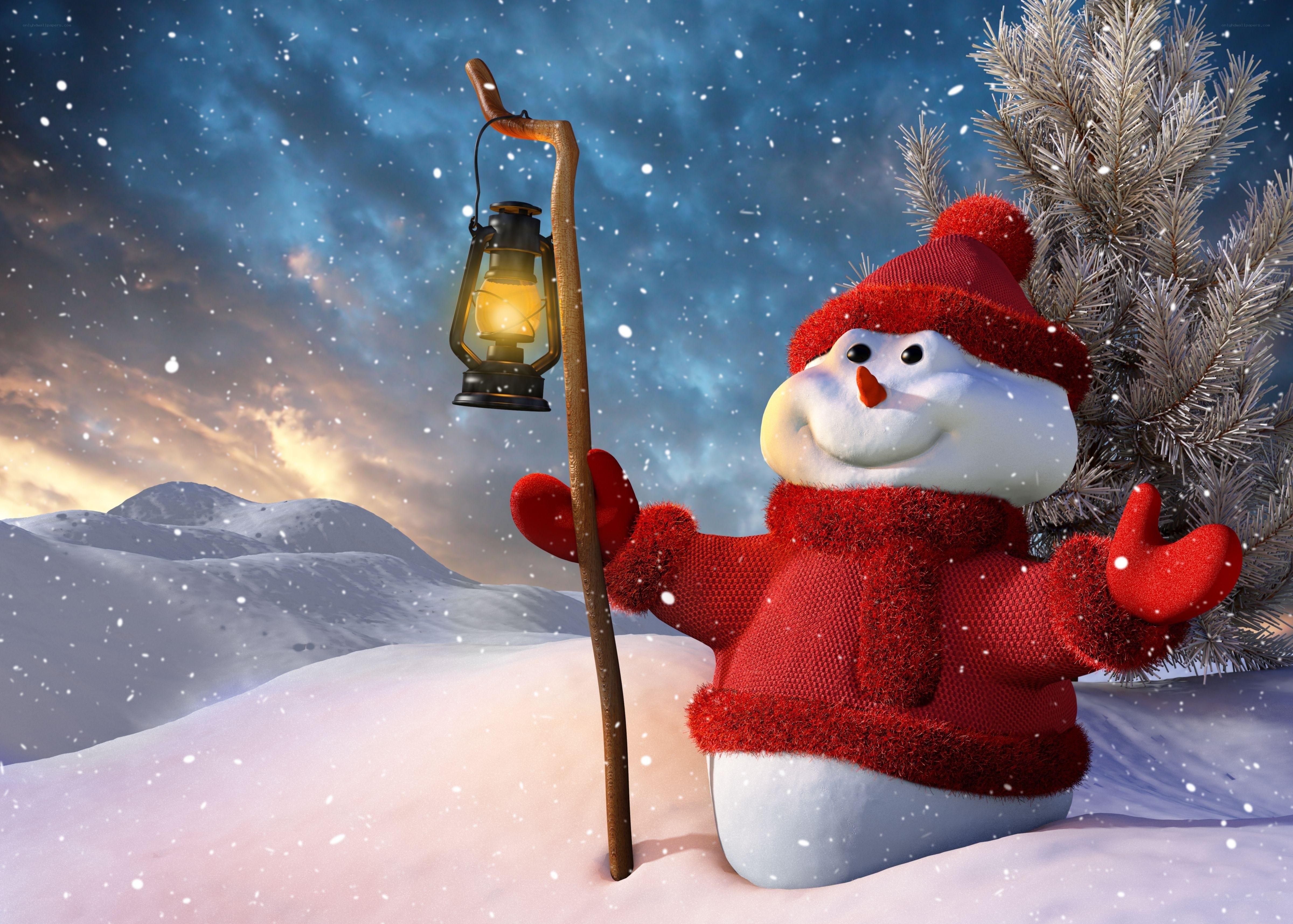 Snowman with lantern in winter