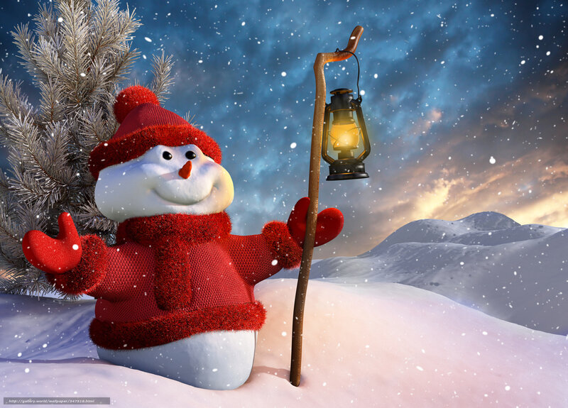 Snowman with Lantern — Red, Festive, Night, 3d Render