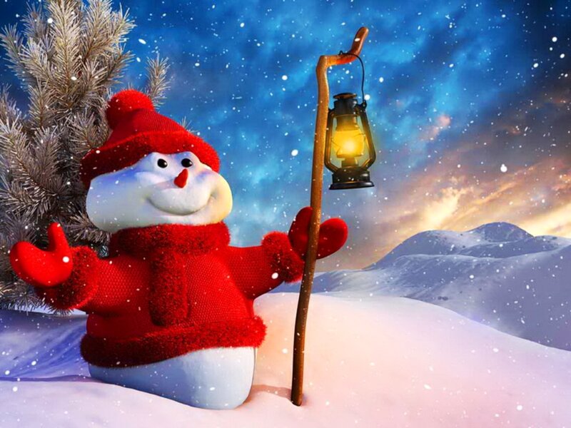 Snowman with Lantern — Red, Festive, Night