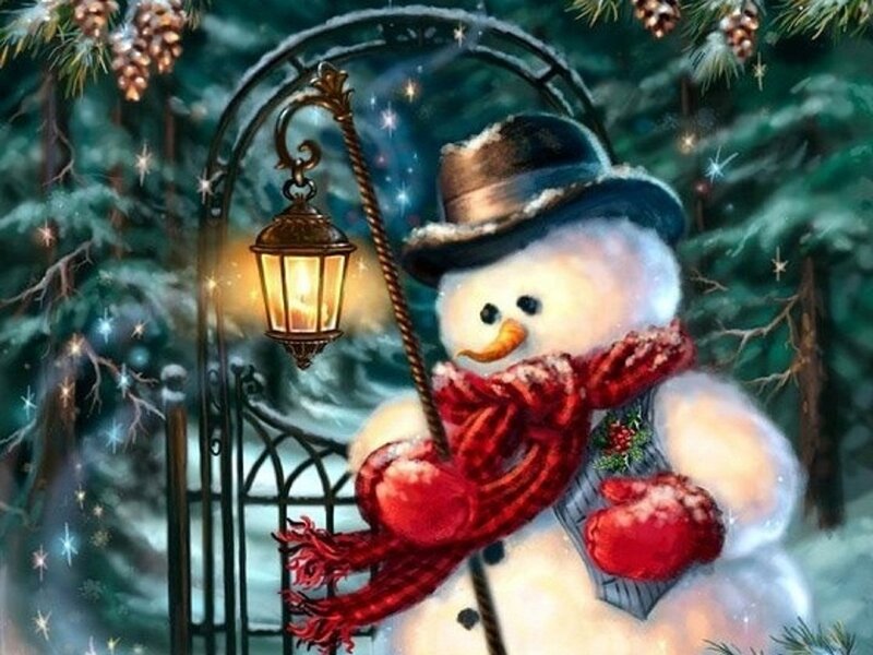 Snowman with Lantern — White, Festive, Winter, Digital Art