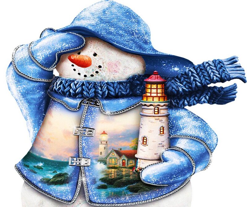 Snowman with Lighthouse — Blue, Festive