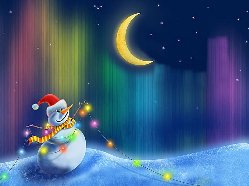 Snowman with Lights — Blue, Festive, Night, Digital Art, Crescent Moon, Stars