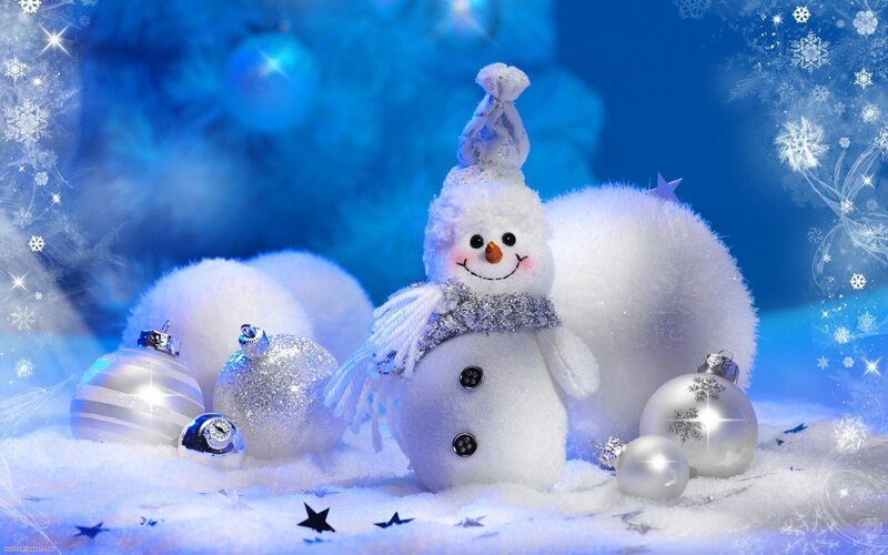 Snowman with Ornaments — Blue, Festive, Winter
