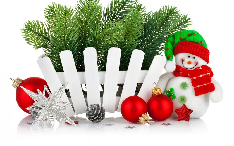 Snowman with Ornaments — Red, Festive, Winter, Photograph