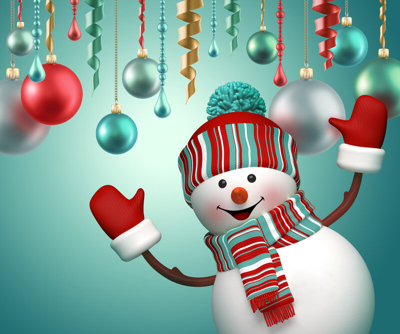 Snowman with Ornaments — White, Festive, Winter, 3d Render, Scarf