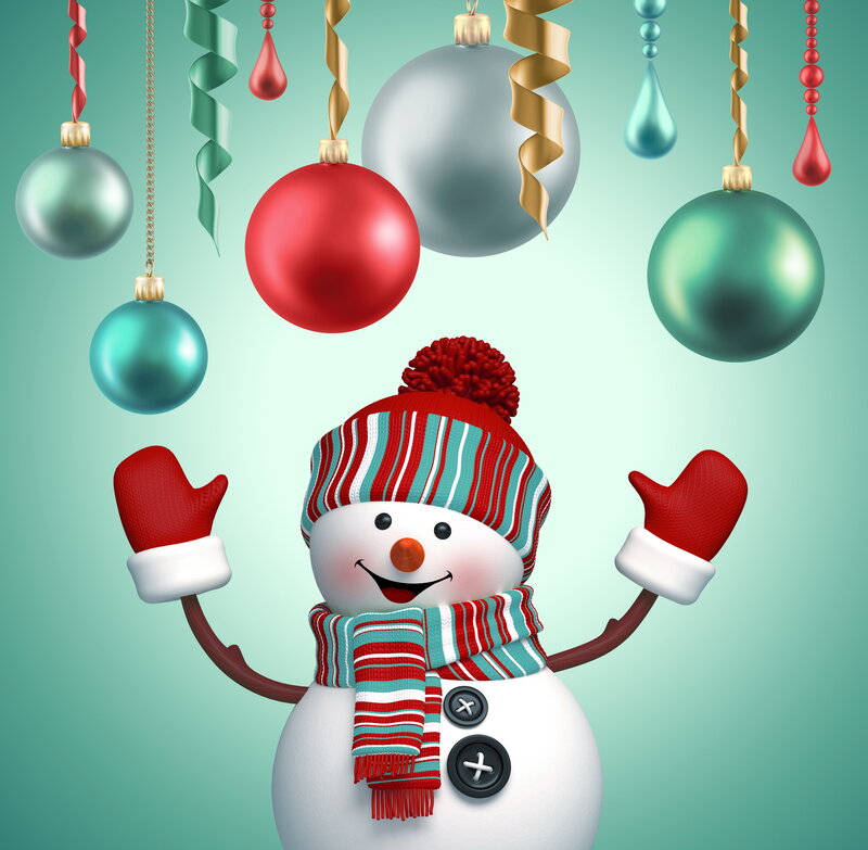 Snowman with Ornaments — White, Festive, Winter, 3d Render