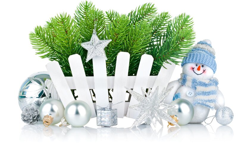 Snowman with Ornaments — White, Festive, Winter, Photograph