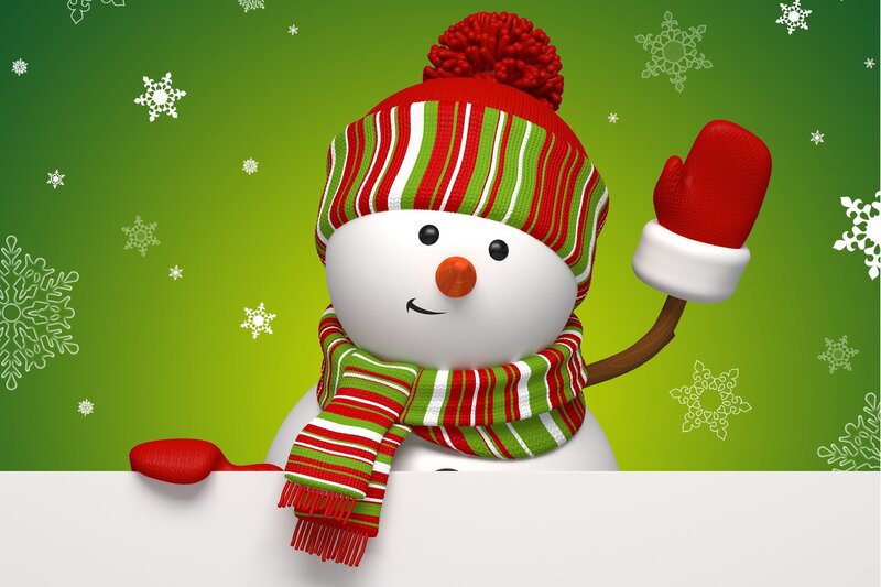 Snowman with Scarf — Green, Festive, Winter, 3d Render, Hat, Gloves, Red