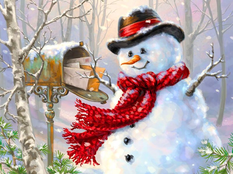Snowman with Scarf — White, Festive, Winter, Painting