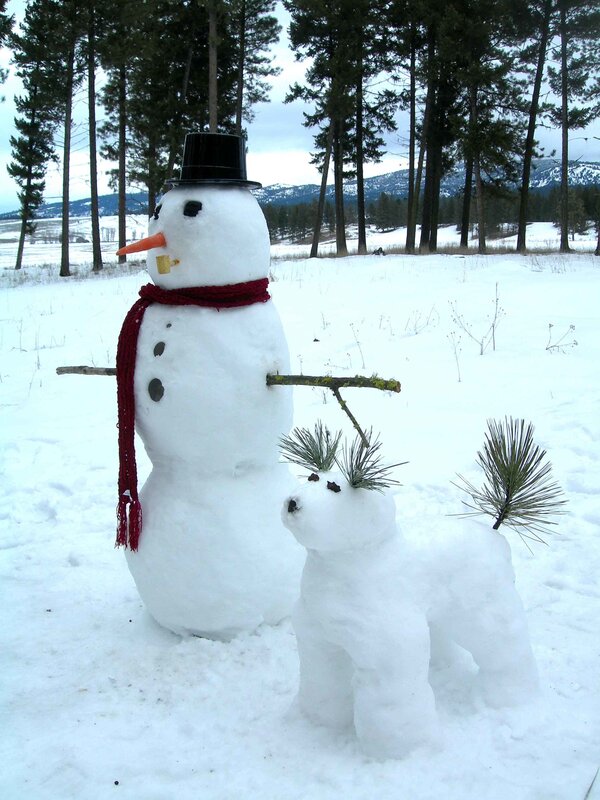 Snowman with snow dog