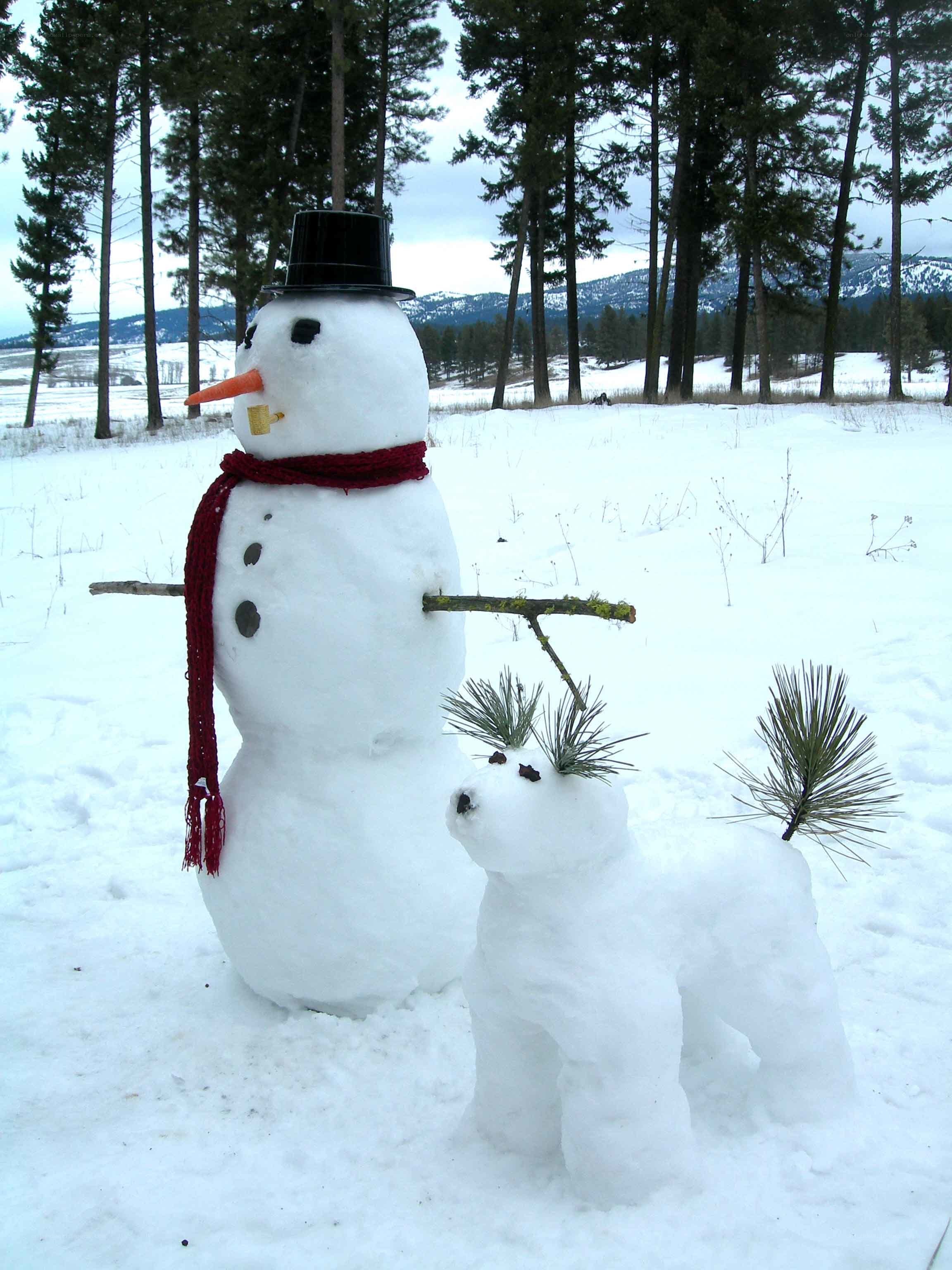 Snowman with snow dog