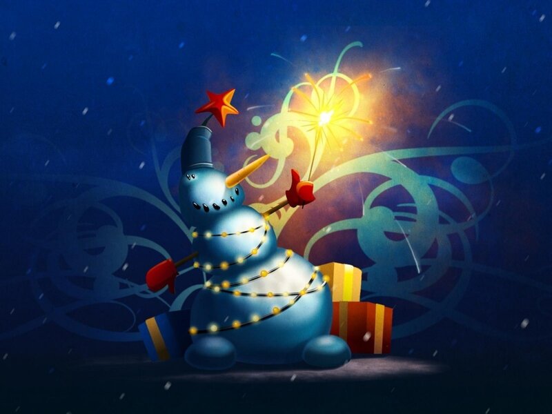 Snowman with sparkler and gifts
