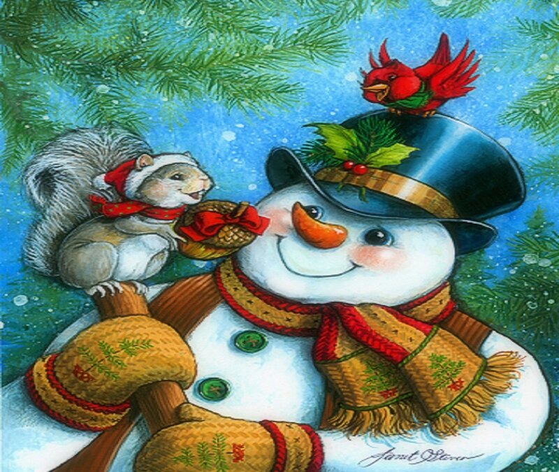 Snowman with Squirrel and Bird