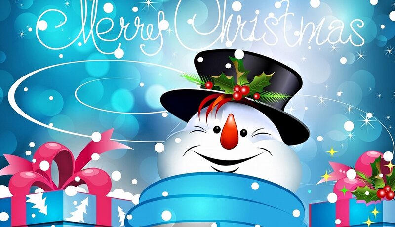 Snowman with Top Hat — Blue, Festive, Winter, Digital Art, Gift Boxes