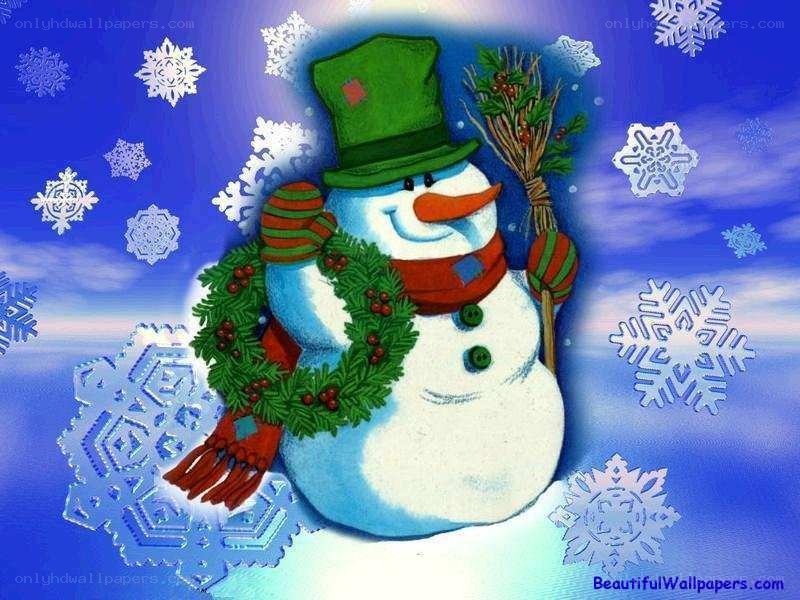 snowman with wreath and hat