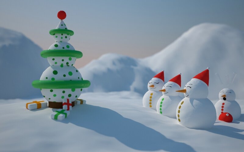 Snowmen and Christmas Tree — White, Festive, Winter, 3d Render, Gifts, Hills