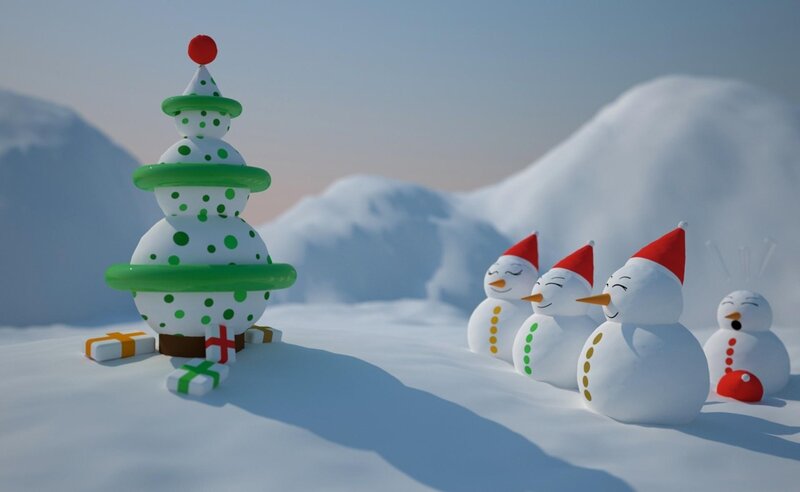 Snowmen and Christmas Tree — White, Festive, Winter, 3d Render